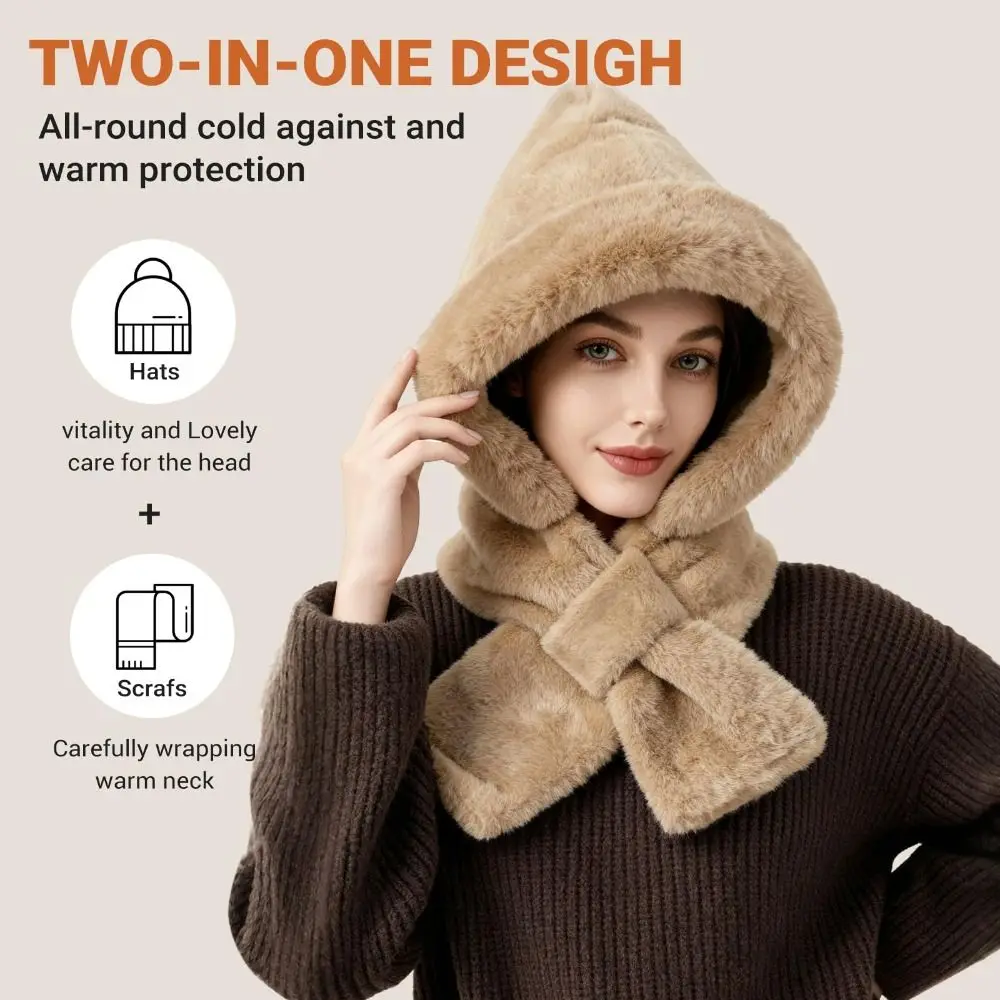 かわいい2-in-1フード付きスカーフふわふわソフト冬用フード付きスカーフ厚手帽子スカーフ手袋セット冬用