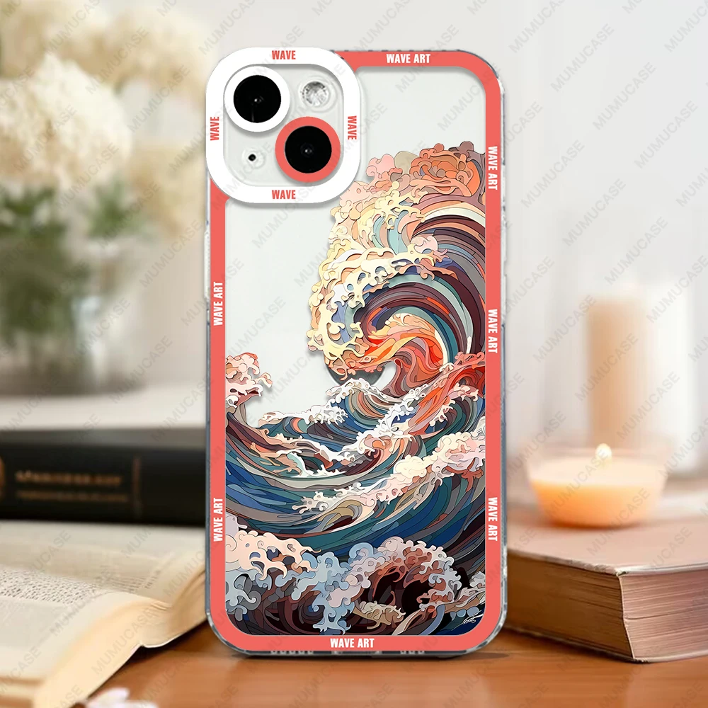 Case For iPhone 16 15 14 13 Pro Max 12 Mini 11 XS X XR SE 7 8 Plus Soft Cover Japanese Wave Art