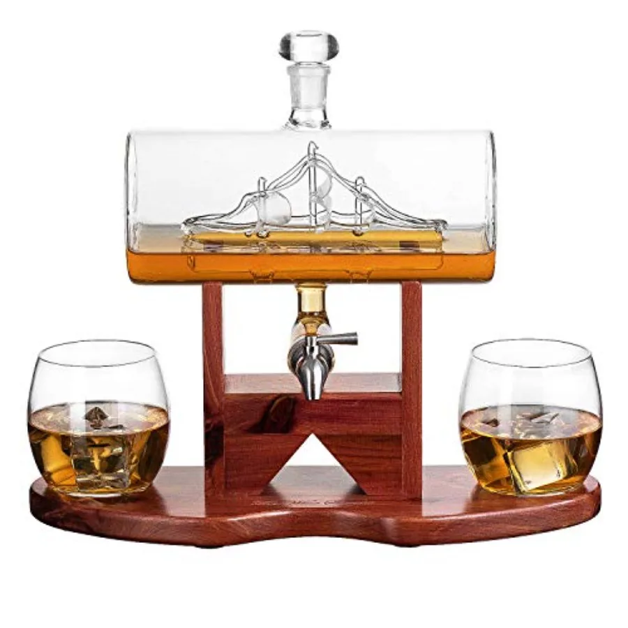

Whiskey Decanter Set Liquor Dispenser for Home Bar Crystal Glass - 1250ml Ship and 2 Whiskey Glasses Beautiful Stand Gift for D