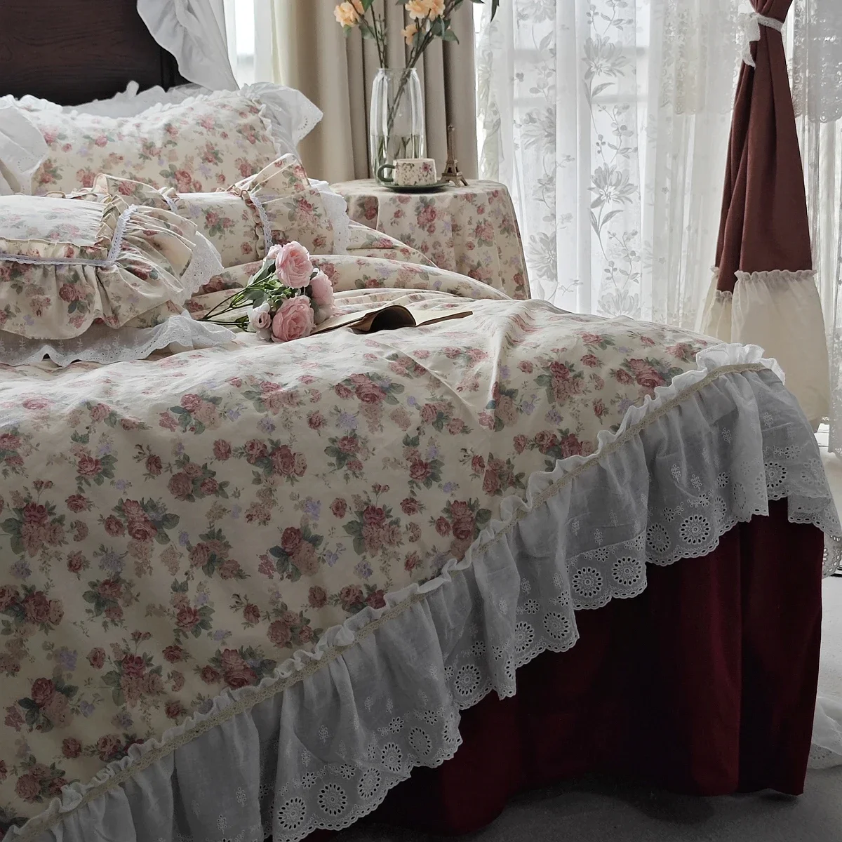 Romantic Princess Style Bedding Set Handmade Luxury King Bedding Sets Elegant Ruffle Lace Duvet Cover Cotton Cloth Linens