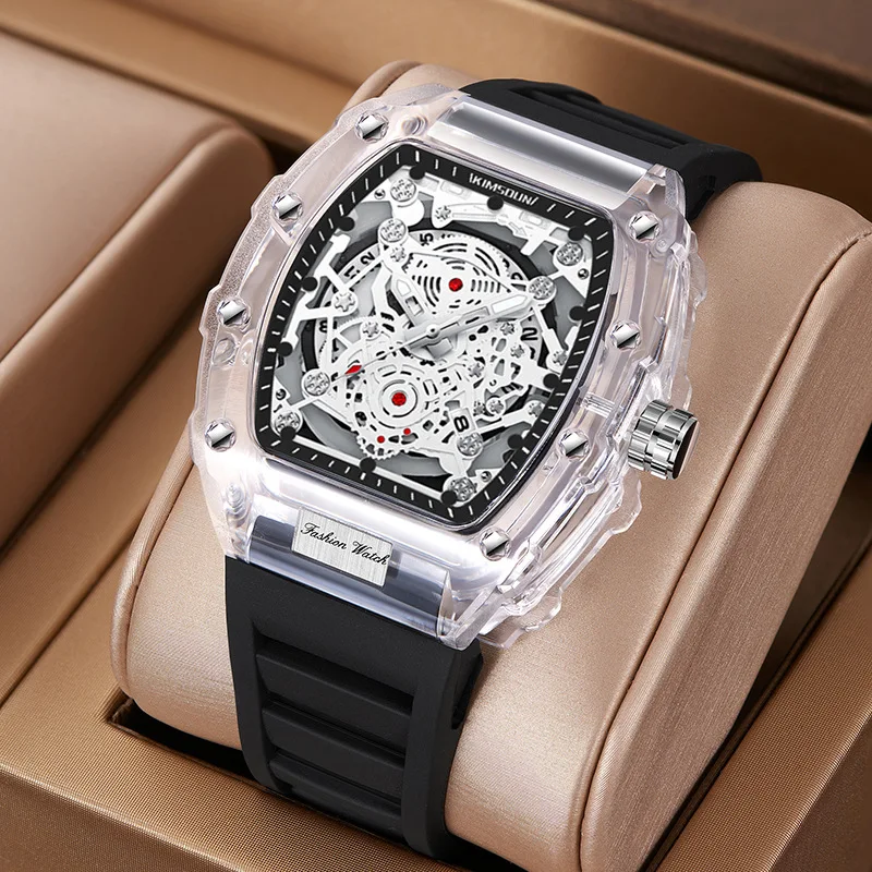 Relógios masculinos casuais da moda com função de calendário luminoso, pulseira de silicone, caixa transparente em formato tonneau, relógio de quartzo masculino para presente.