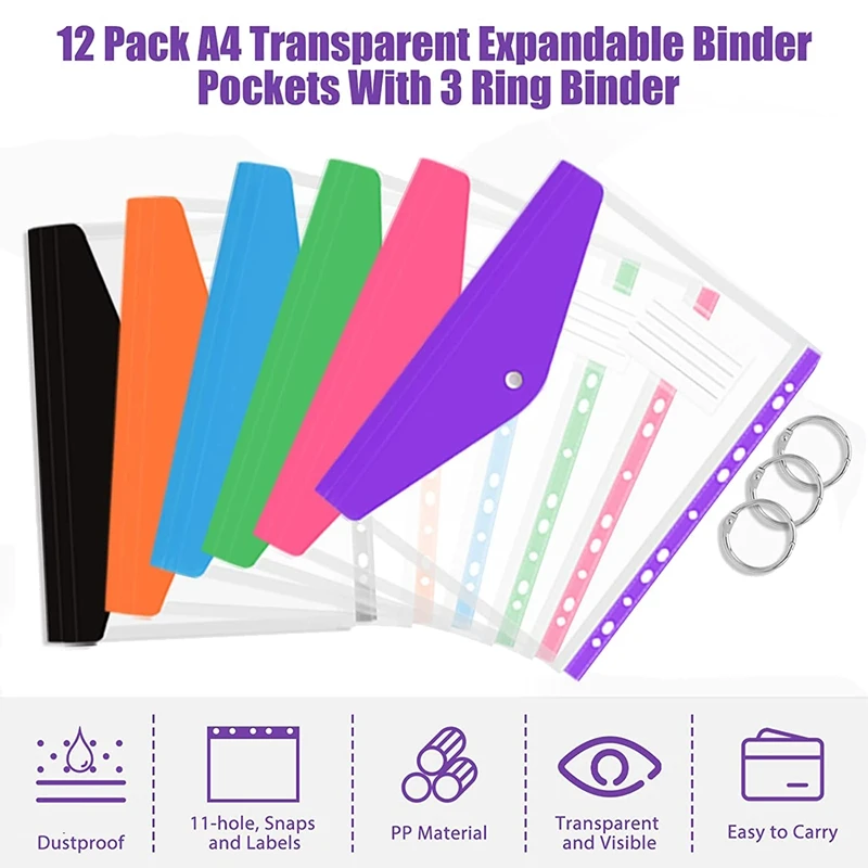 Top-12 Pcs A4 Binder Pocket Expandable Envelopes Clear Plastic Envelopes For Ring Binder Folder, Snap Button