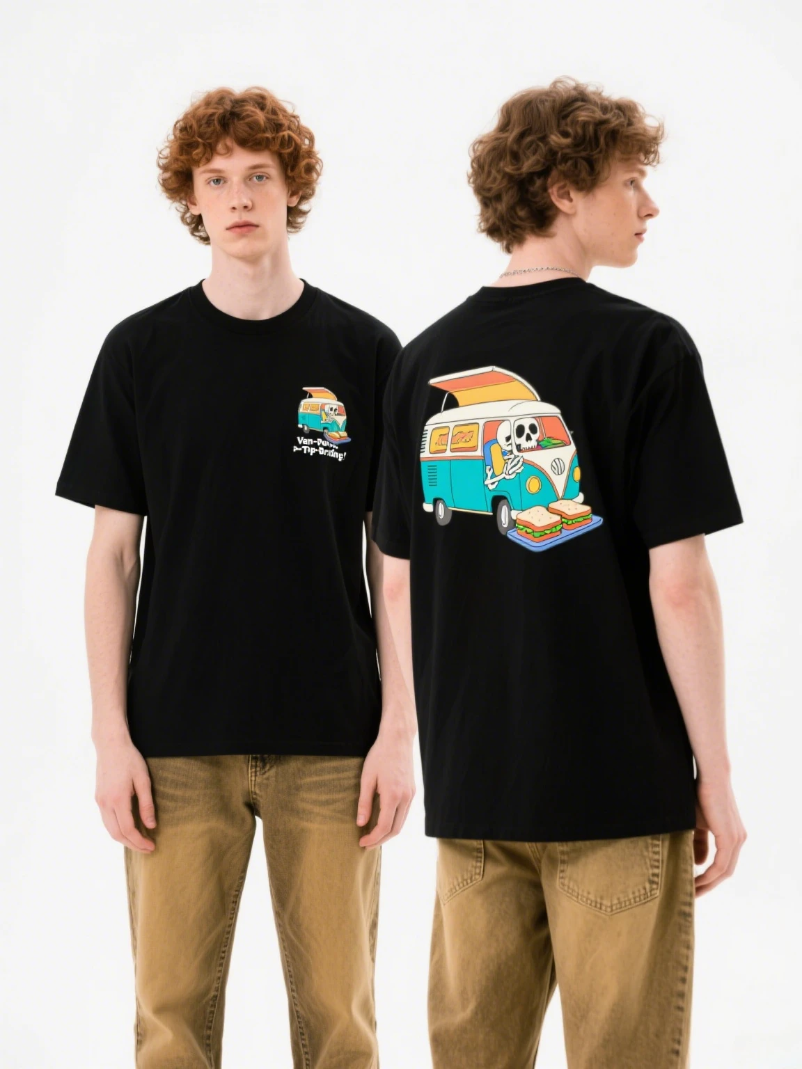 

Черная хлопковая футболка: Skull Van Tripping с графикой-сэндвичем, модная и забавная летняя роскошная футболка с круглым вырезом, новинка S-4XL
