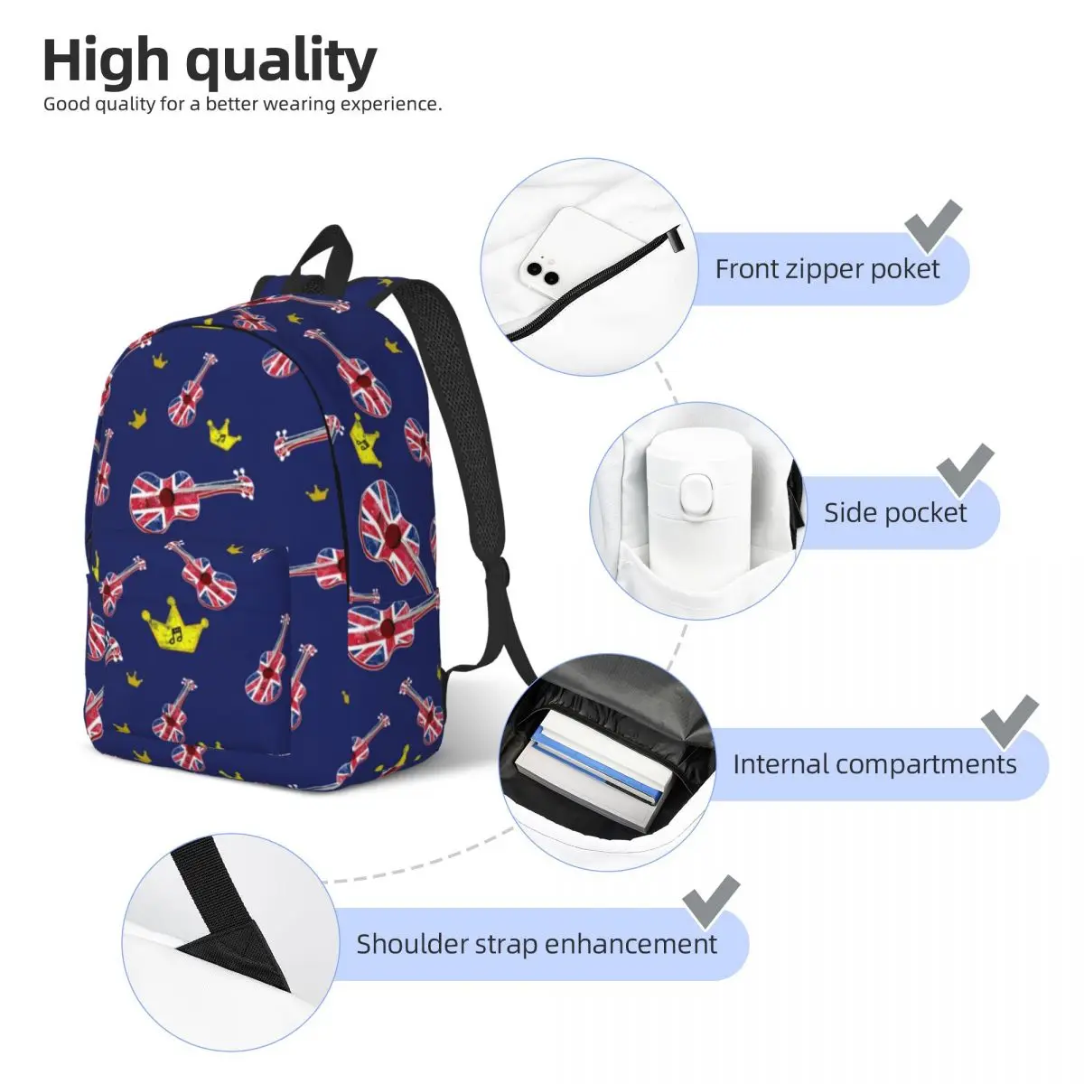 Union Jack British Uk Flag Ukulele Backpack Elementary High College School Student Guitar Bookbag Teens Canvas Daypack Outdoor