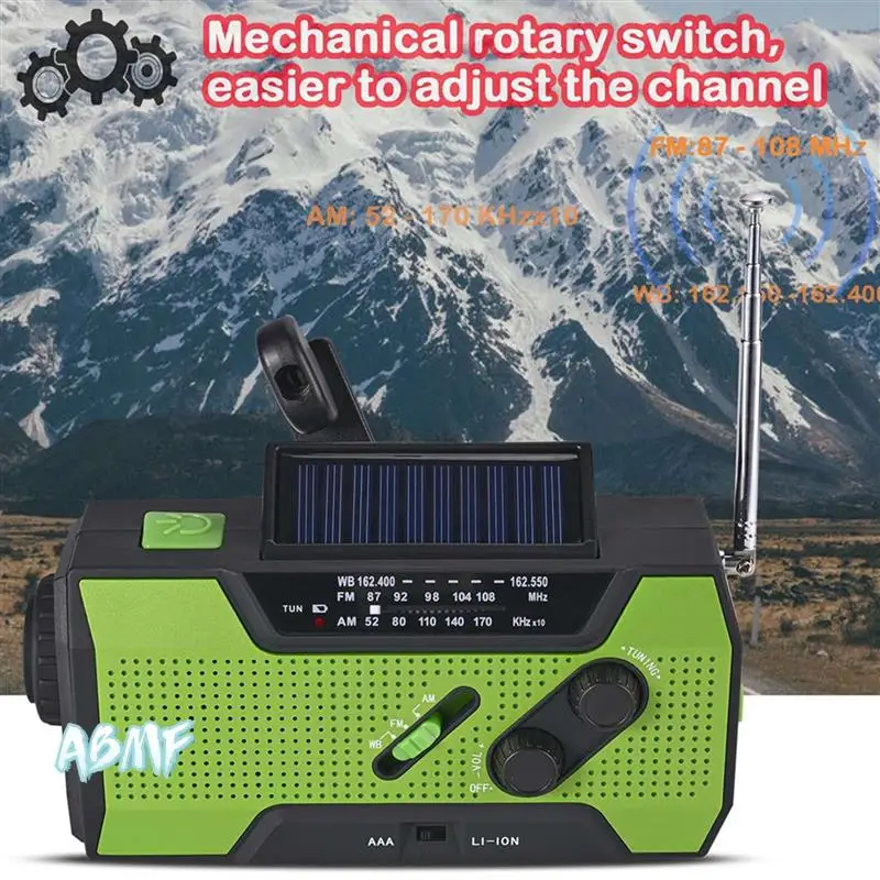 

ABMF-2X Emergency Weather Radio Hand Crank Portable Solar Charging With AM/FM/NOAA LED Flashlight SOS Alert 2000Mah