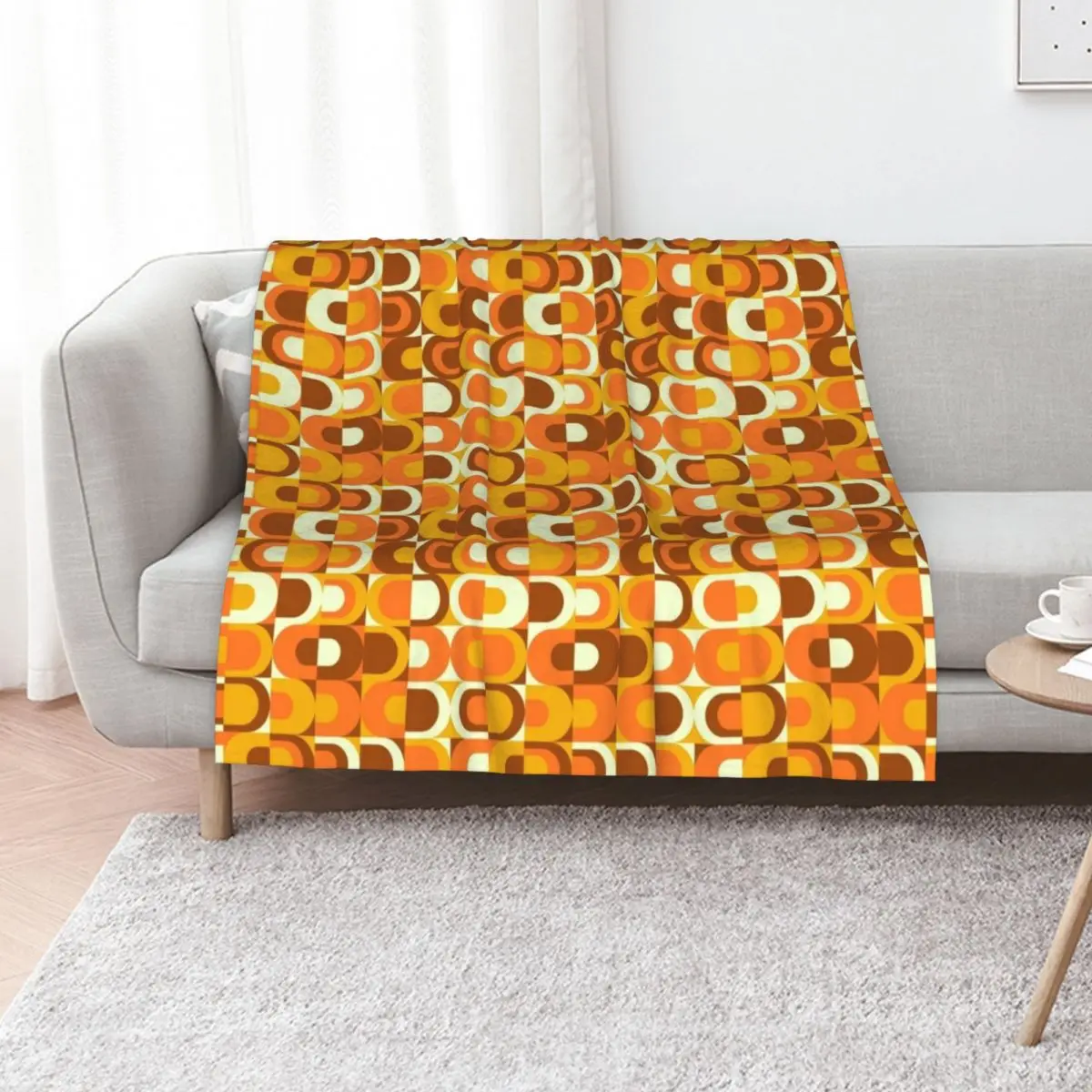 70s Pattern Retro Inustrial in Orange and Brown Tones Throw Blanket Warm Plush Fuzzy Blanket for Living Room