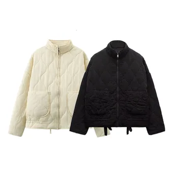 TRAF 여성용 다이아몬드 패턴 짧은 코튼 패딩 재킷, 시크한 지퍼 포켓 코트, 아우터, 2024 가을 및 겨울, 신상 패션