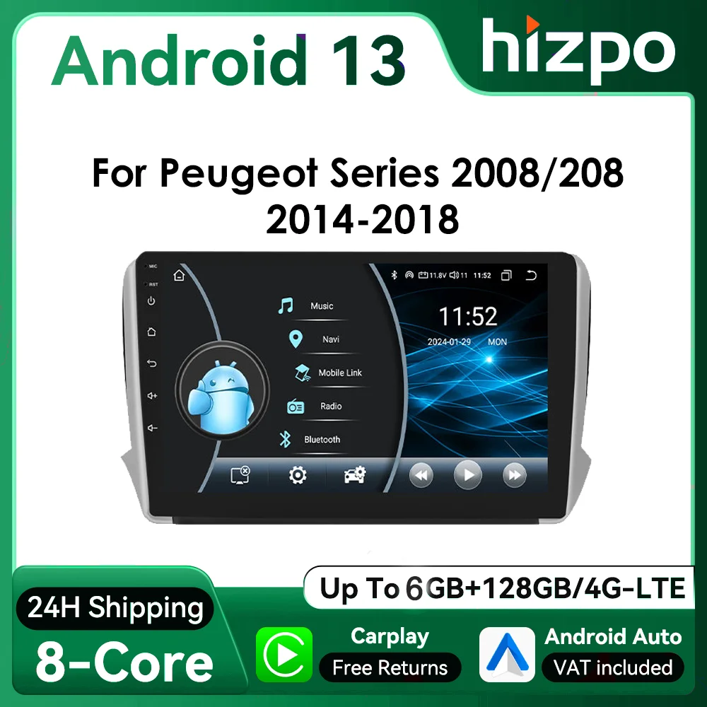 Hizpo 2Din 10.1 pollici Android Auto Autoradio per Peugeot 208 2008 2014 - 2018 BT 4G SWC Navigazione GPS RDS DSP UIS8581 Unità principale