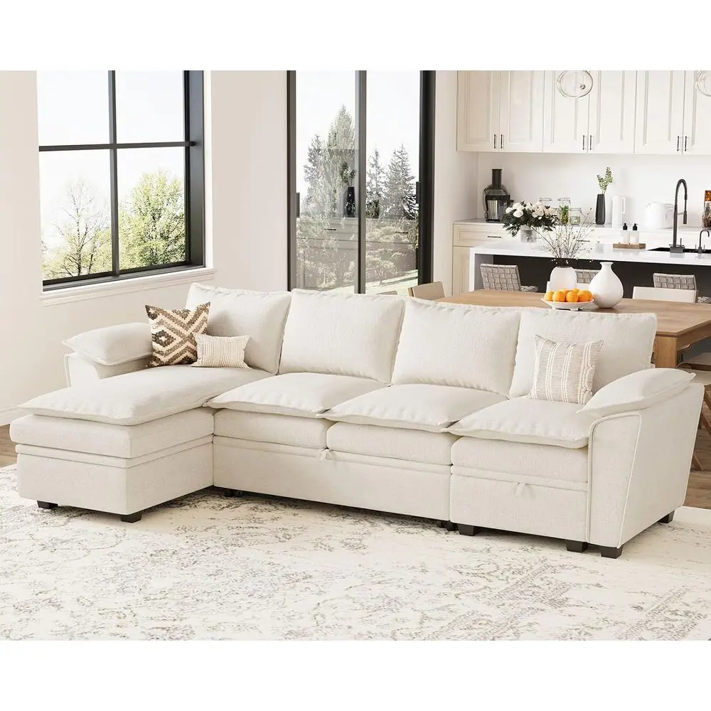

White Chenille L-Shaped Sectional Sofa with Pull-Out Bed and Storage Chaise