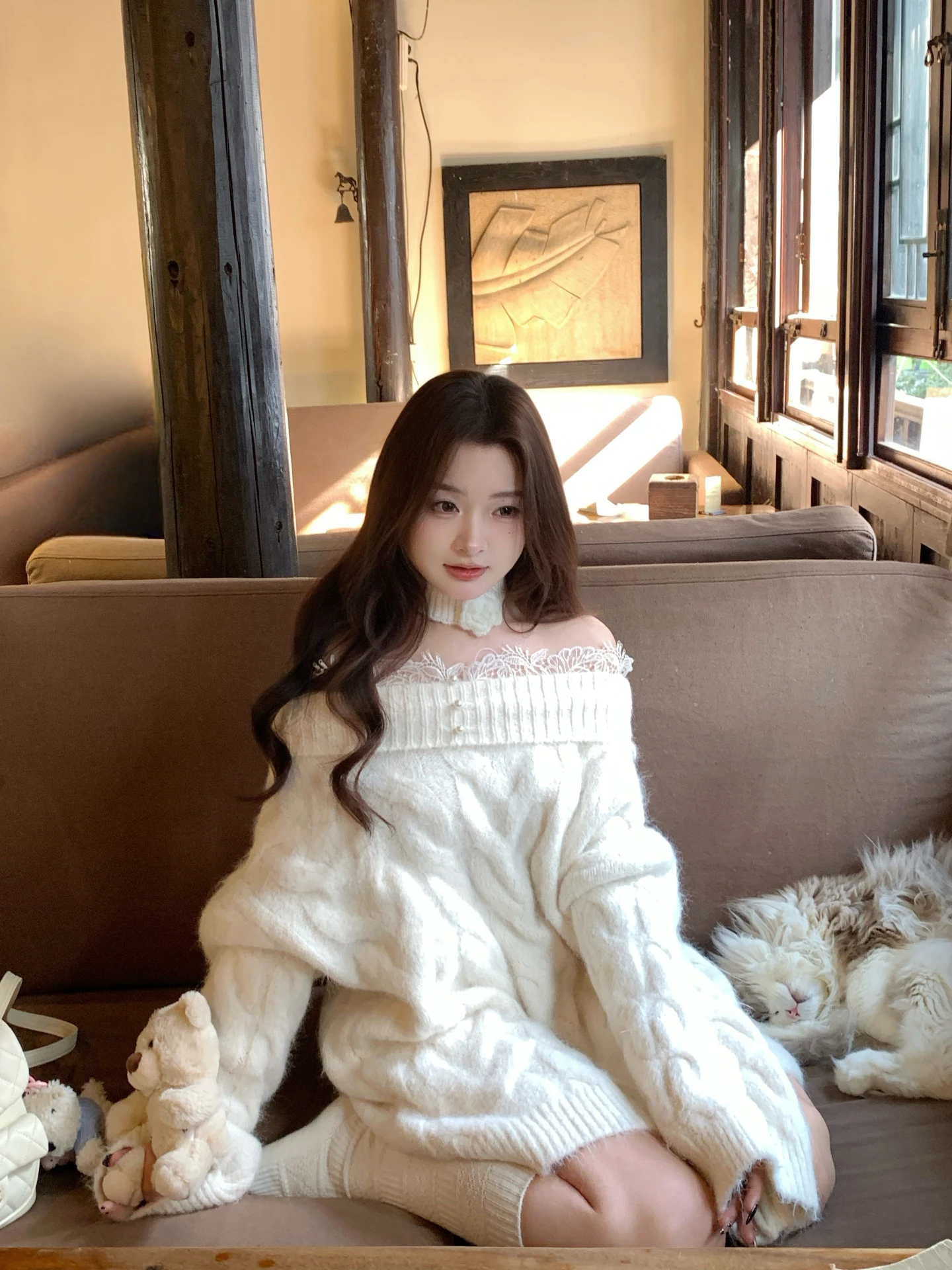 

Banana Women's White One-oulder Loose Knitted Sweater Spring Sweet Sle Pure Desire Casual Long Sve Top