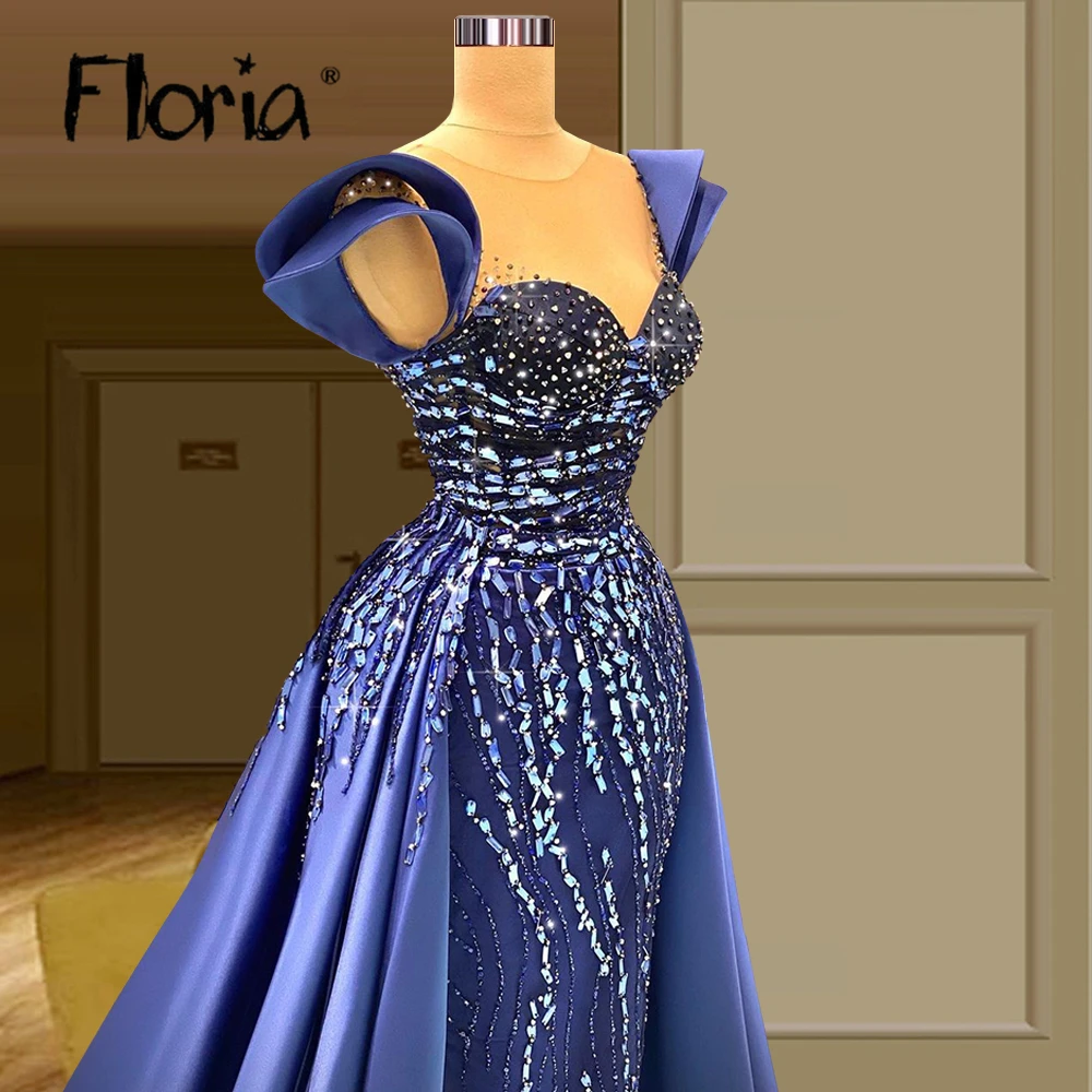 Detachable Train 2 In 1 Heavy Crystals Evening Dress Plus Size Custom Made Dubai Blue Stones Prom Party Gowns for Women Pageant