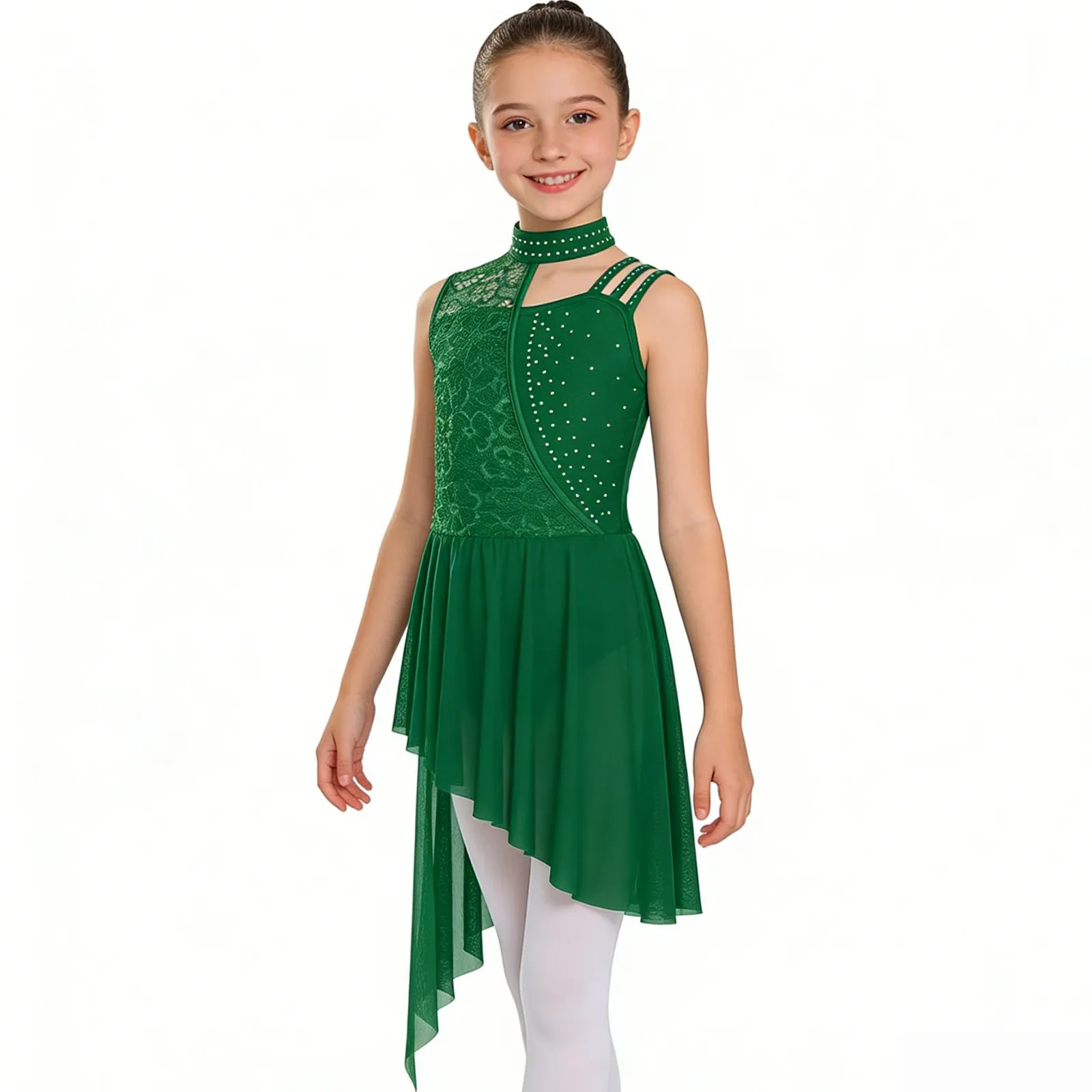 Kids Girls Shiny Rhinestones Ballet Jersey Leotard Dress Gymnastics Artistic Figure Skating Lyrical Dance Performance Costume view 2