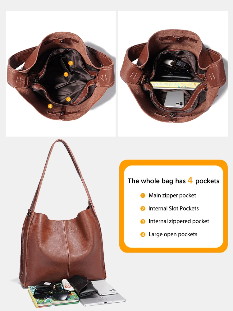 Zency Brown Coffee 100% Genuine Leather Soft Hobo Shoulder Bag Women\'s Handbag Crossbody Bag Designer Wide Strap Work Tote Purse