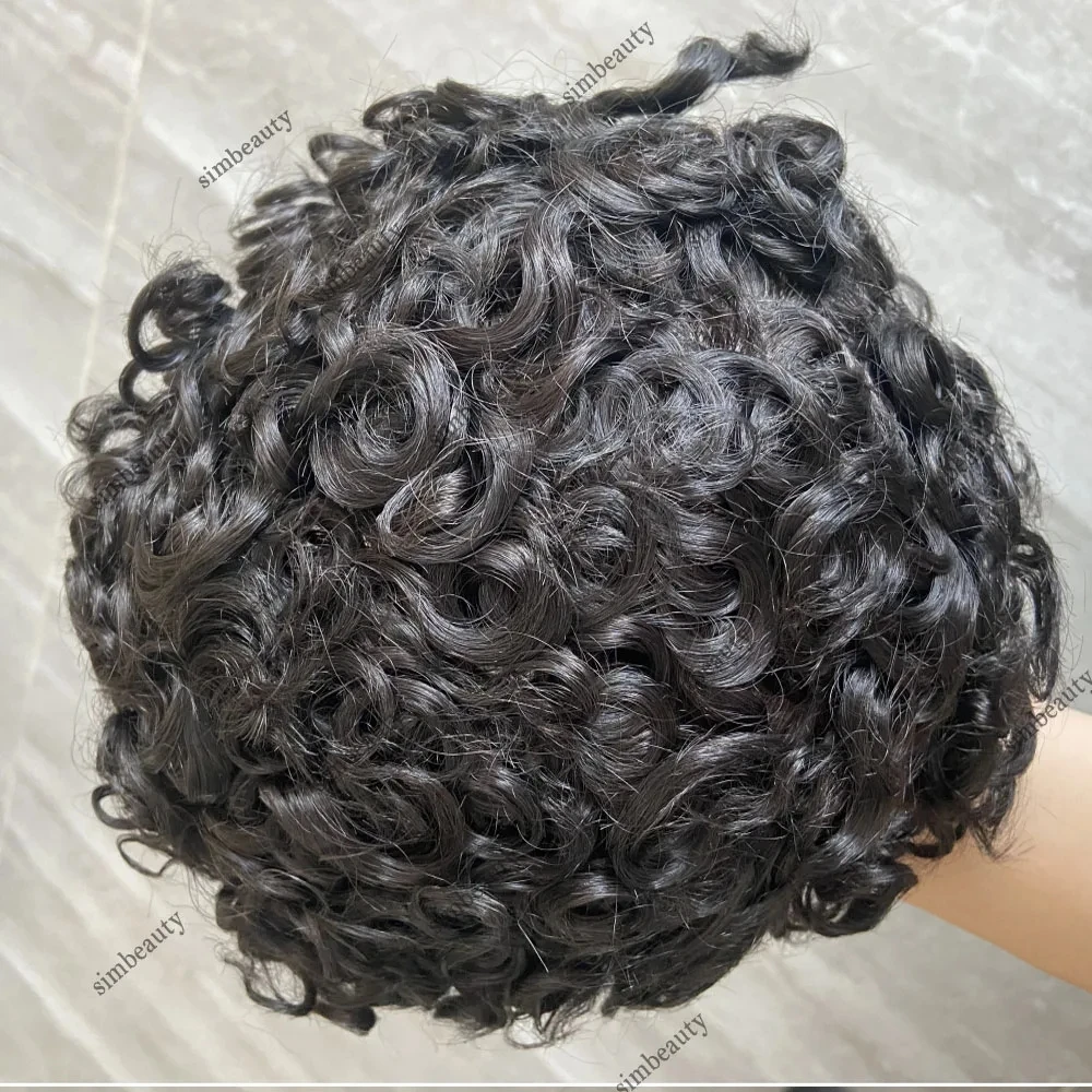 Perucas encaracoladas do cabelo humano para homens, perucas duráveis da projeção, pele fina, toupee do plutônio, prótese capilar, preto cinzento, 20mm, 1B65