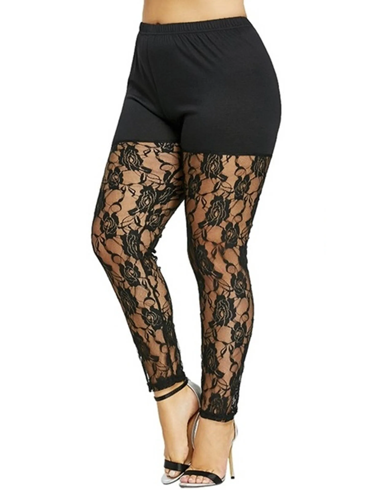 Women\'s Plus Size Leggings Solid Color Skinny Trousers Sheer Floral Lace Stitching Leggings High Waist Stretch Trousers L-4XL