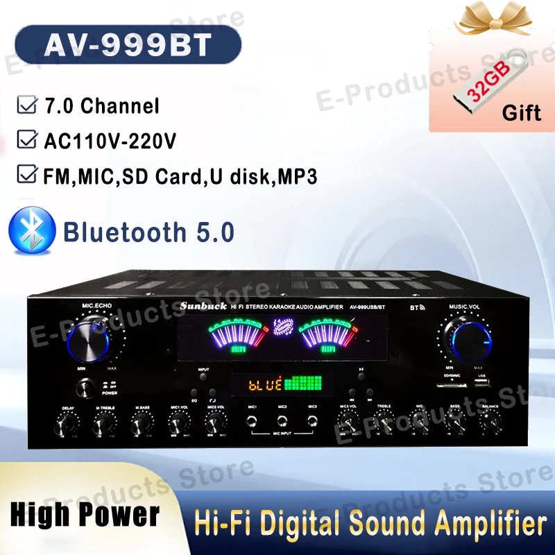 Усилитель звука высокой мощности SUNBUCK 999BT Bluetooth 5,0 с двойным динамическим экраном, стерео Hi-Fi цифровой усилитель для системы домашнего кинотеатра Усилитель звука высокой мощности SUNBUCK 999BT Bluetooth 5,0 с двойным динамическим экраном, стерео Hi-Fi цифровой усилитель для системы домашнего кинотеатра