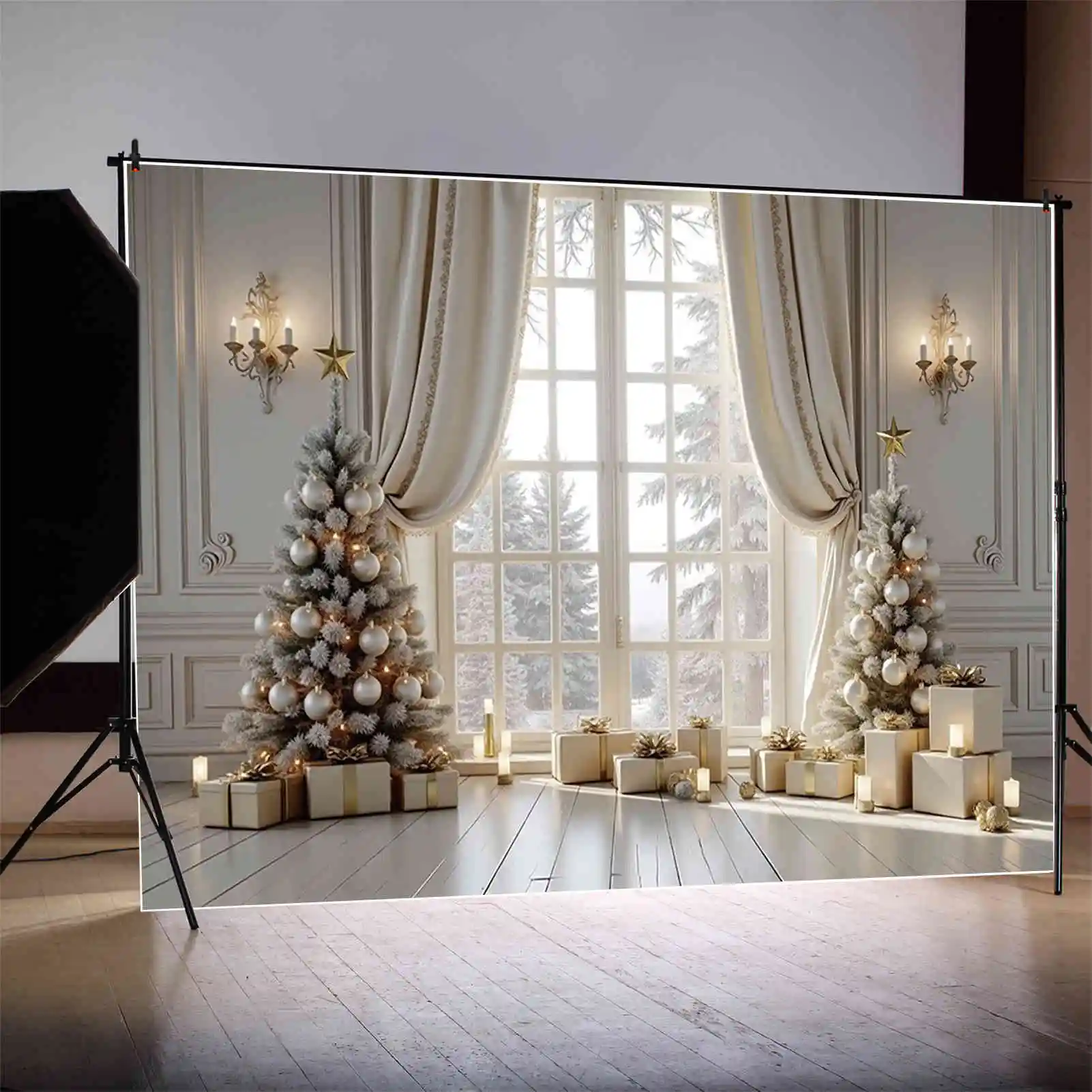 MOON.QG 2024 크리스마스 커튼 배경 사진 조명 장식 흰색 사진 배경 어린이 스튜디오 Photocall 액세서리
