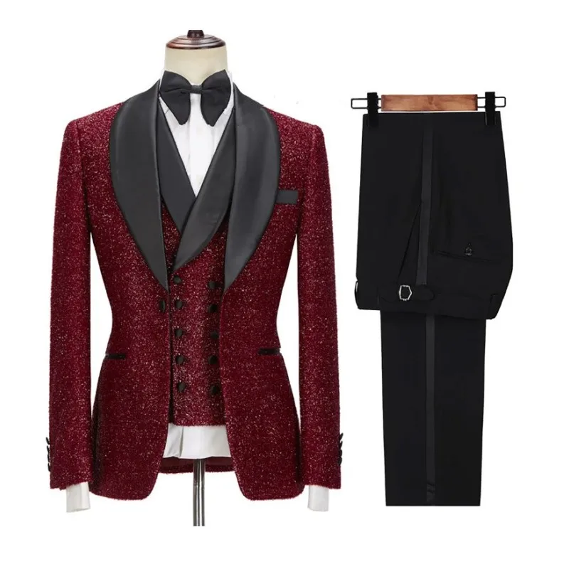 

Burgundy Sequined Men Suits Wedding Tuxedos Black Shawl Lapel Groom Wear Jacket Suits Custom Made Prom Party Pants 3 Pieces