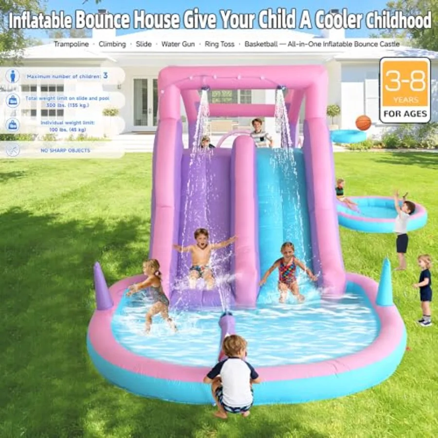 Backyard water park for kids ages 3-8: inflatable bounce house with 3 slides, splash pool, water cannon, ball pit, basketball h view 6