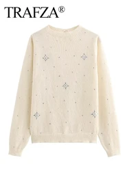 TRAFZA Damski jesienny nowy gorący diamentowy sweter bez pleców z długim rękawem Elegancki sweter z guzikami z tyłu High Street Casual Jumpers