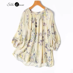 Art Ink Flower Print 100% Natural Mulberry Silk Crepe De Chine French Large Round Neck Raglan Lantern Sleeve Women's T-shirts