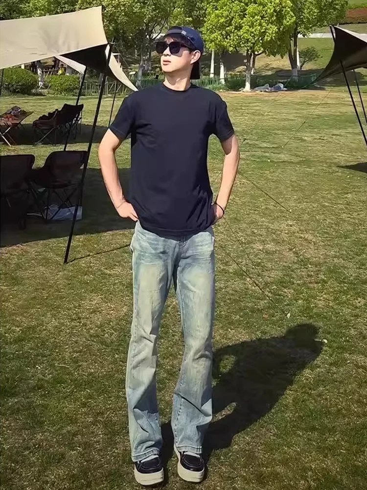 

Мужские синие джинсы в стиле ретро в американском стиле High Street, утягивающие брюки с микро расклешенными прямыми штанинами, осенний модный бренд