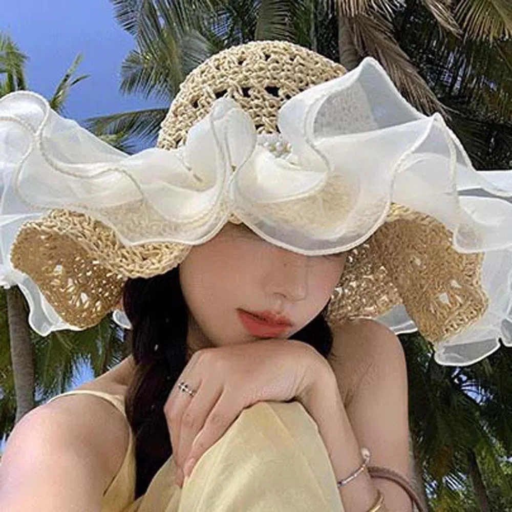 

Portable Lace Pearls Sun Cap Breathable Polyester Straw Weaving Beach Hat French Style Hollow Out Big Brimmed Woven Cap Camping