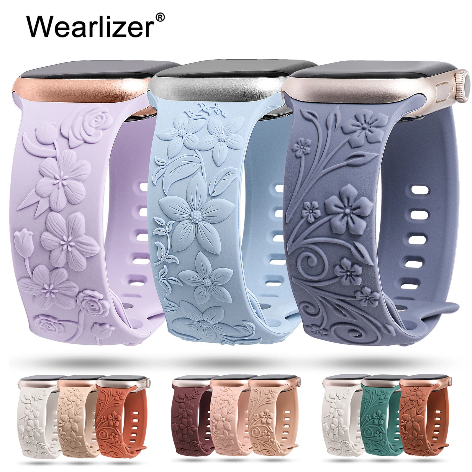 3Pack 3D Floral Engraved Band for Apple Watch Band 49mm 41mm 40mm 38mm 45mm Silicone Strap for iWatch Ultra/9/8/7/SE/6/5/4/3/2