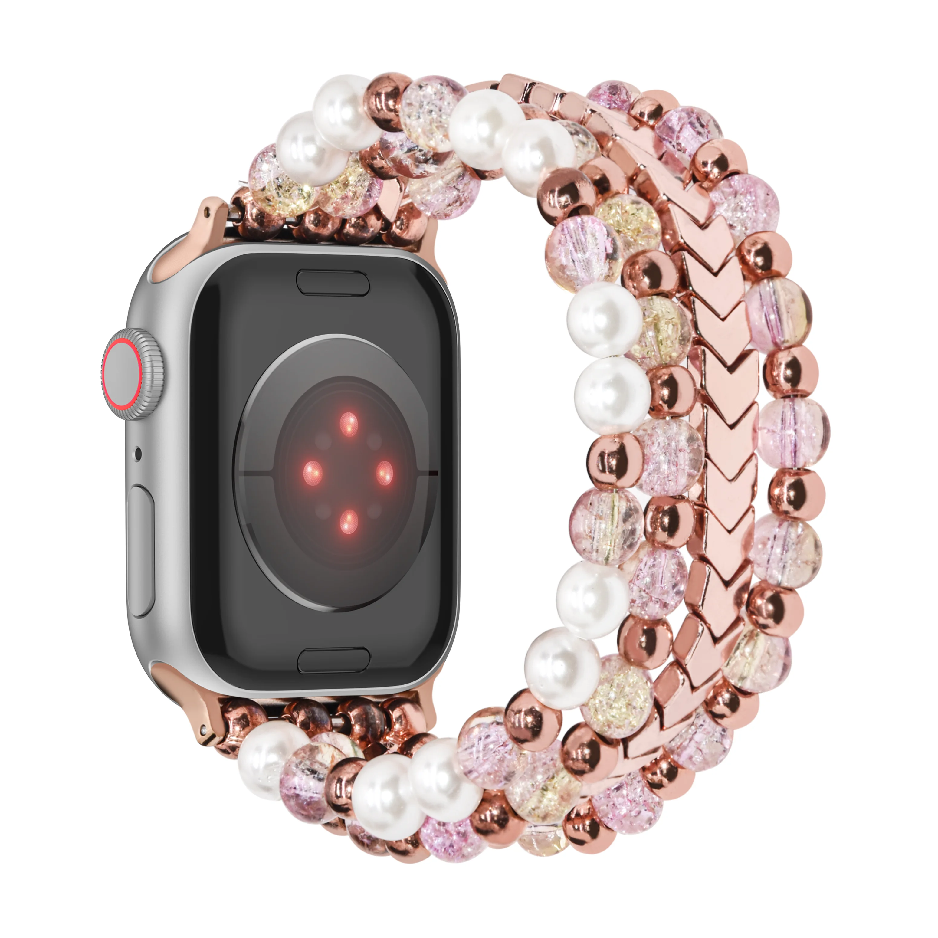 سوار حبة زجاجي مصنوع يدويًا للنساء ، شريط مطاطي ، متوافق مع سوار ساعة Apple ، سلسلة 9 ، 8 ، 7 ، SE ، 6 ، 5 ، 4 ، 3 ، 2 ، 1