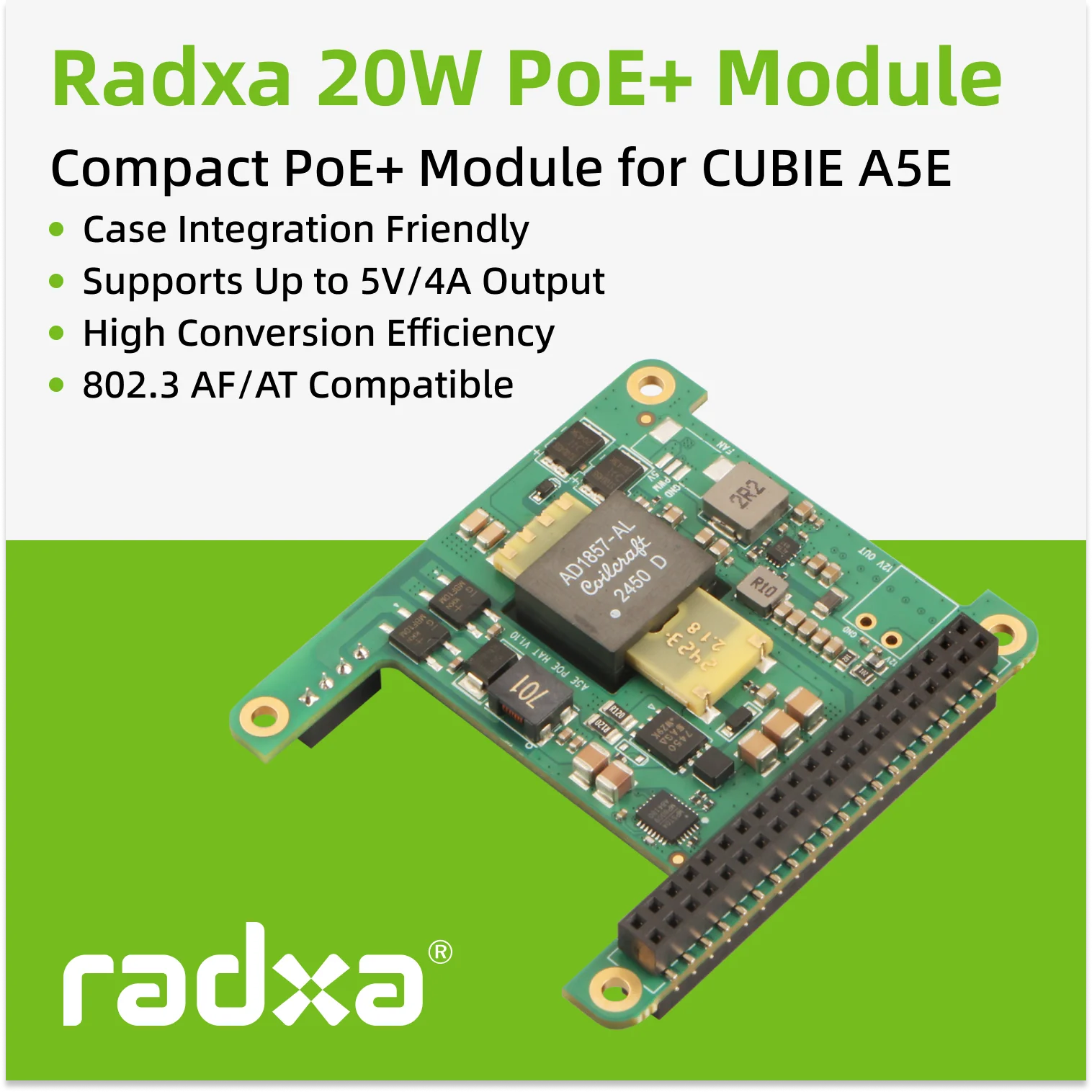 

Модуль Radxa Compact 20 Вт PoE+ HAT — плата расширения Power over Ethernet для одноплатного компьютера CUBIE A5E