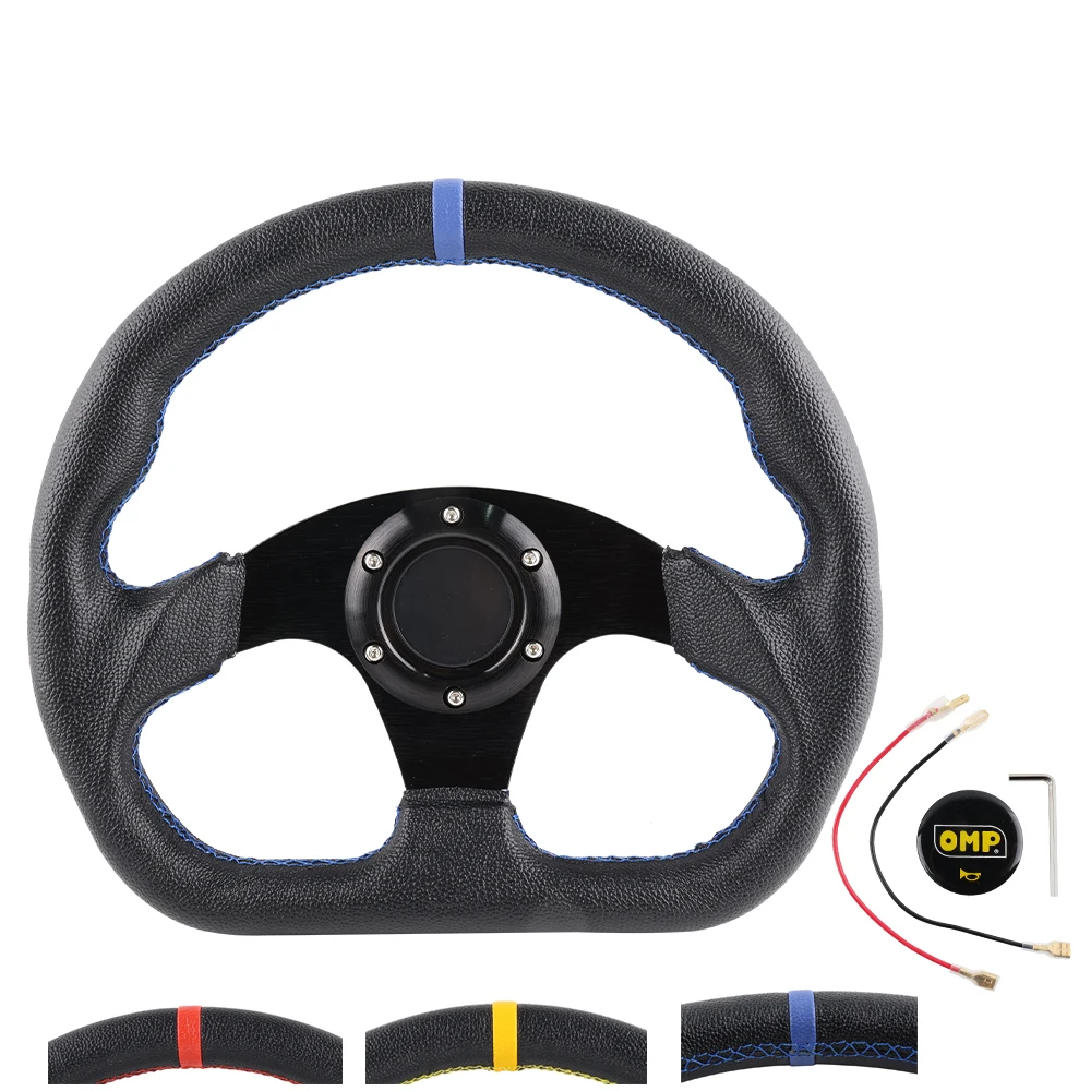 

Racing Car Universal Leather Flat Drift Racing Steering Wheel D Shape Horn Button 6 Holes