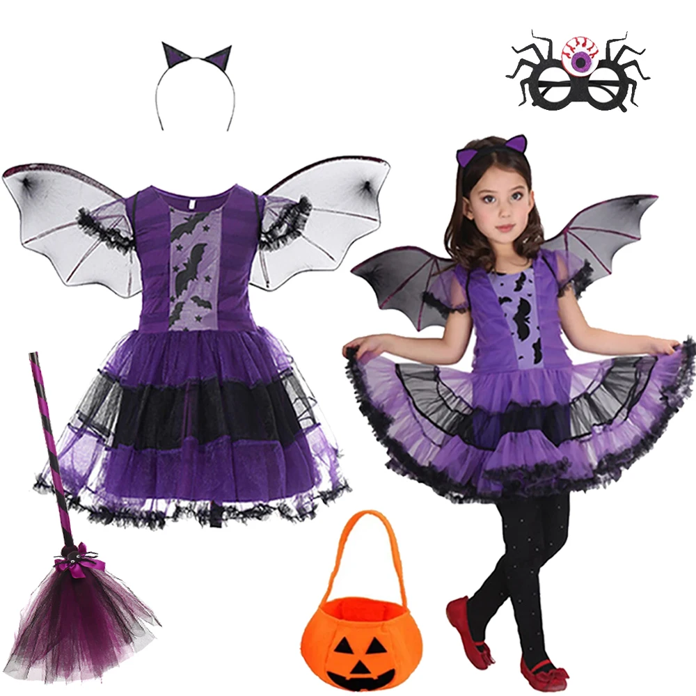 Halloween Girls Witch Dress Carnival Party Toddler Kids Bat Costume Infant Vampirina Dress Carnival Party Clothing with Headband