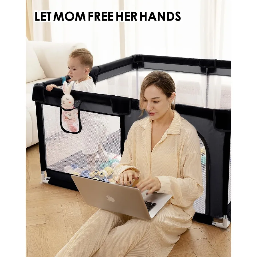 Baby Playpen with Non Removable Mat, Extra Large Play Yard for Babies & Toddlers, Portable Travel Playpen (Black 50"×50")