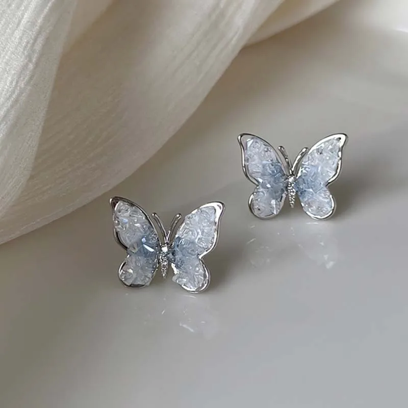 Zircon Butterfly Stud Earrings for Women Blue Crystal Flower Earring Exquisite Korean Ear Jewelry Fashion Wedding Accessories
