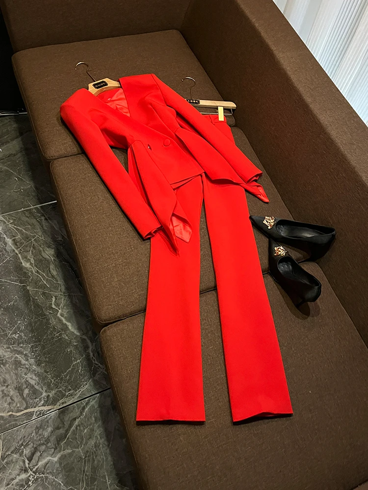 

Ele New Sle Slim Fit Jaet и расклешенные брюки, комплект из двух предметов с верхним краем Quali, женская модная осенняя одежда