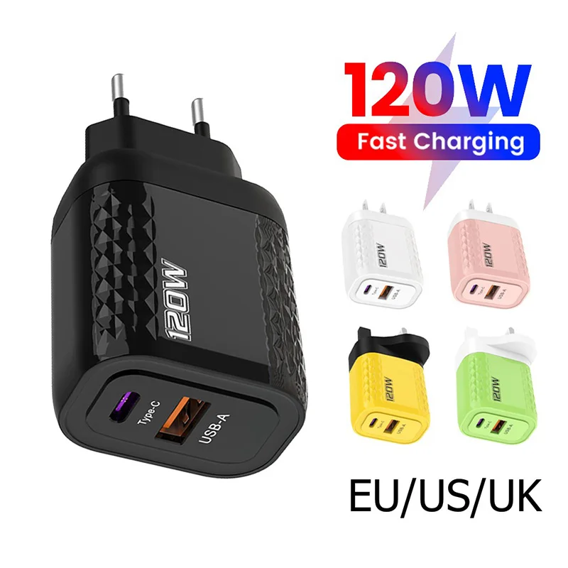 Caricabatterie da 120W ricarica rapida PD QC 3.0 caricatore USB di tipo C ricarica rapida adattatore per spina EU/US/UK per samsung iphone Xiaomi