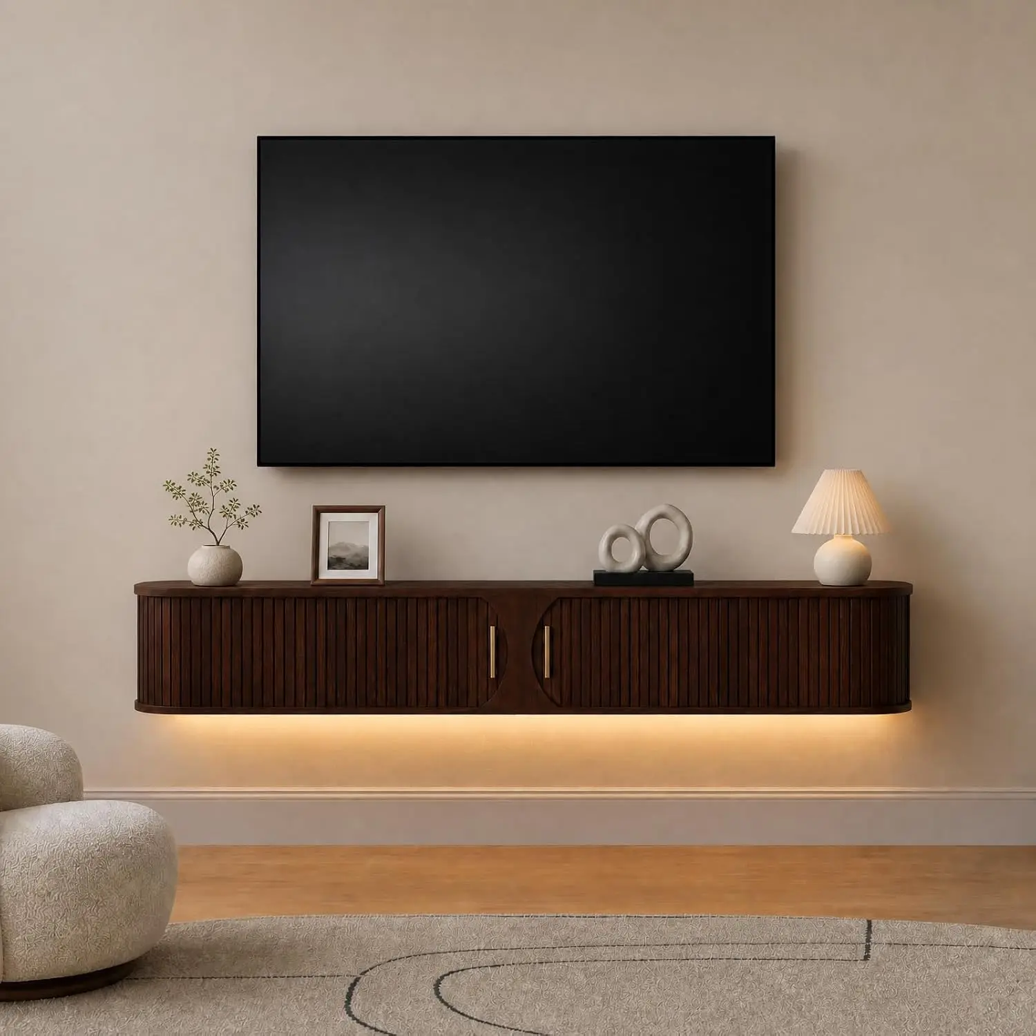 Floating TV Stand with LED Light, Wall Mounted Media Console with Sliding Doors, Floating Entertainment Center, Customized