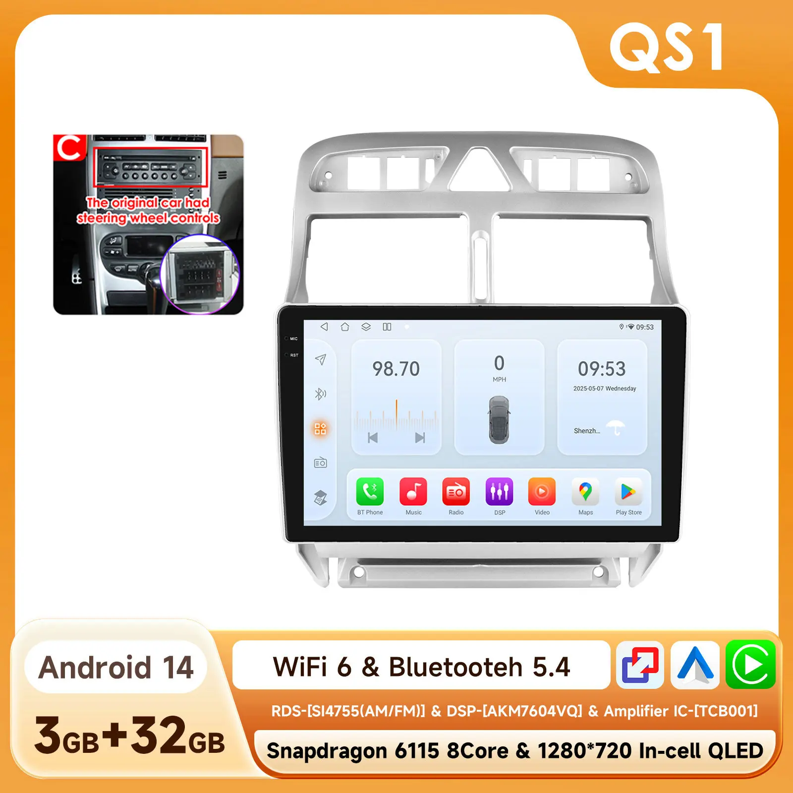 Hizpo 2Din 9 inch CarPlay Android Auto Radio voor Peugeot 307 307CC 307SW 2002 - 2013 Multimedia Navigatie GPS RDS DSP 4G BT