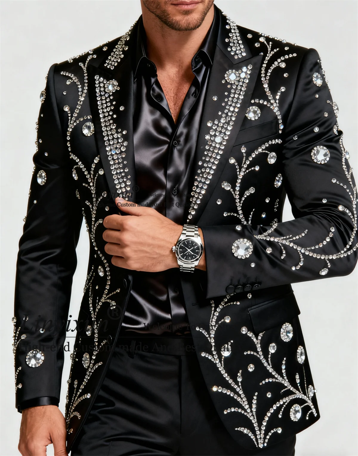 

Sparkly Rhinestone Diamond Tuxedos Men Suits 2 Pieces Sets Groom Male Blazers Customized Peaked Lapel Slim Fit Ropa homre