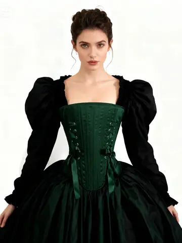 Women Fancy Corset Bustier Overbust Vintage Lace Up Boned Bodice Sexy Strapless Dark Green Tube Tops Wedding Party Stage Costume