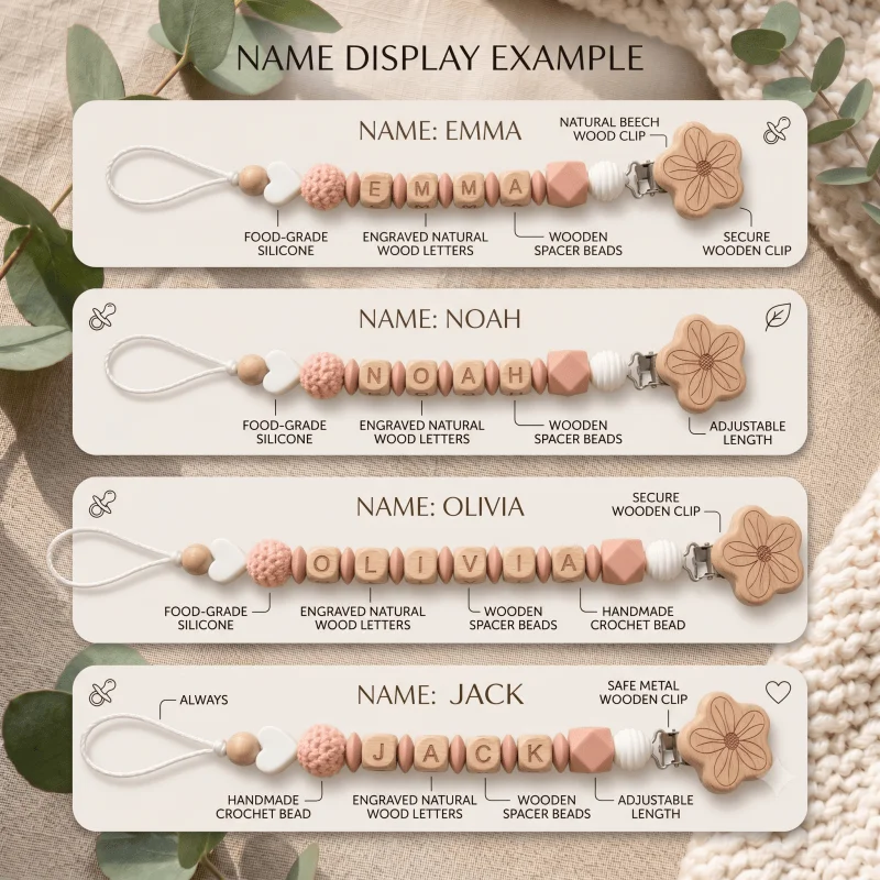 2026 Personalized Baby Pacifier Clip Custom Name Wooden Dummy Chain Silicone Teether Holder BPA Free Baby Shower Gift