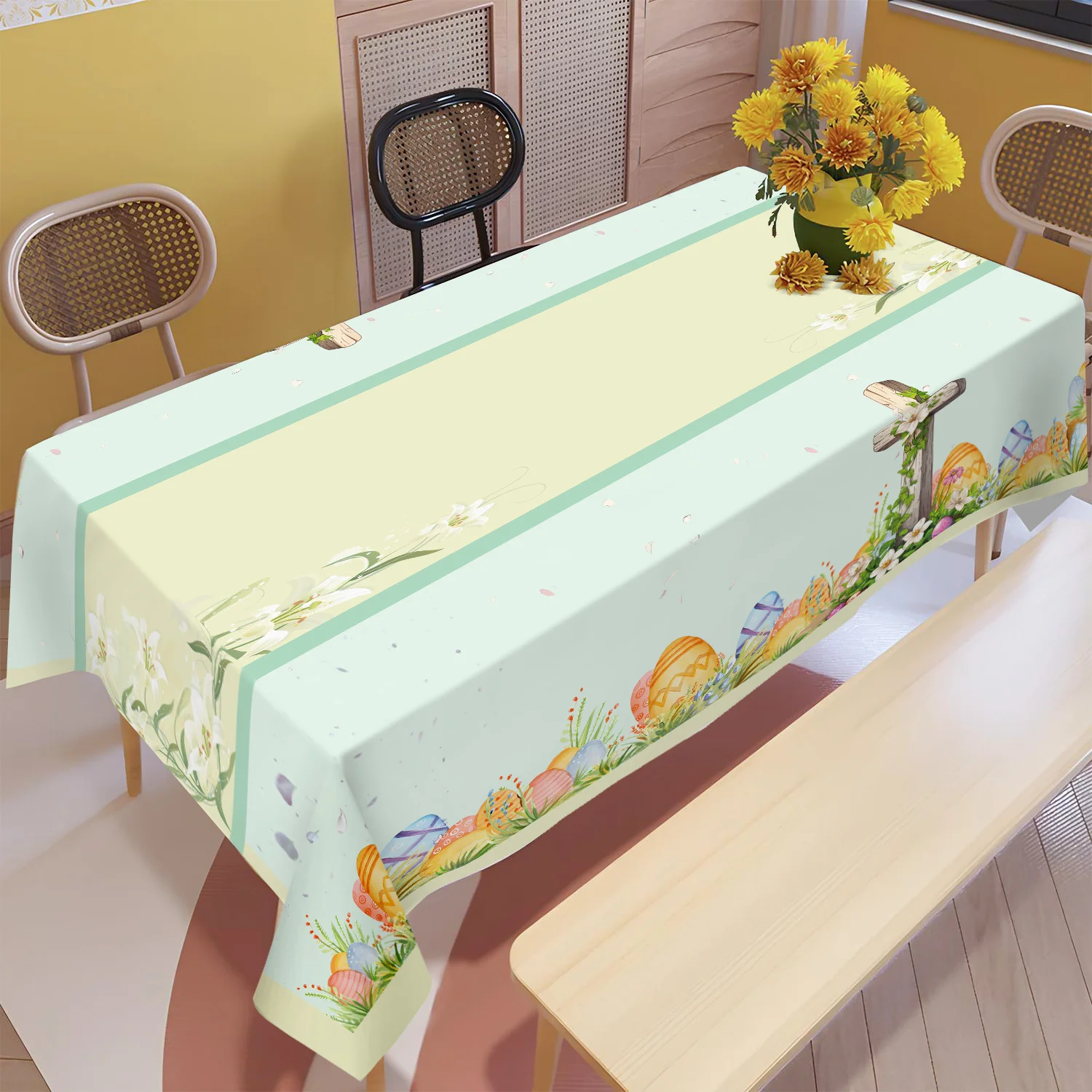 One Easter-themed cross and Easter egg pattern polyester tablecloth