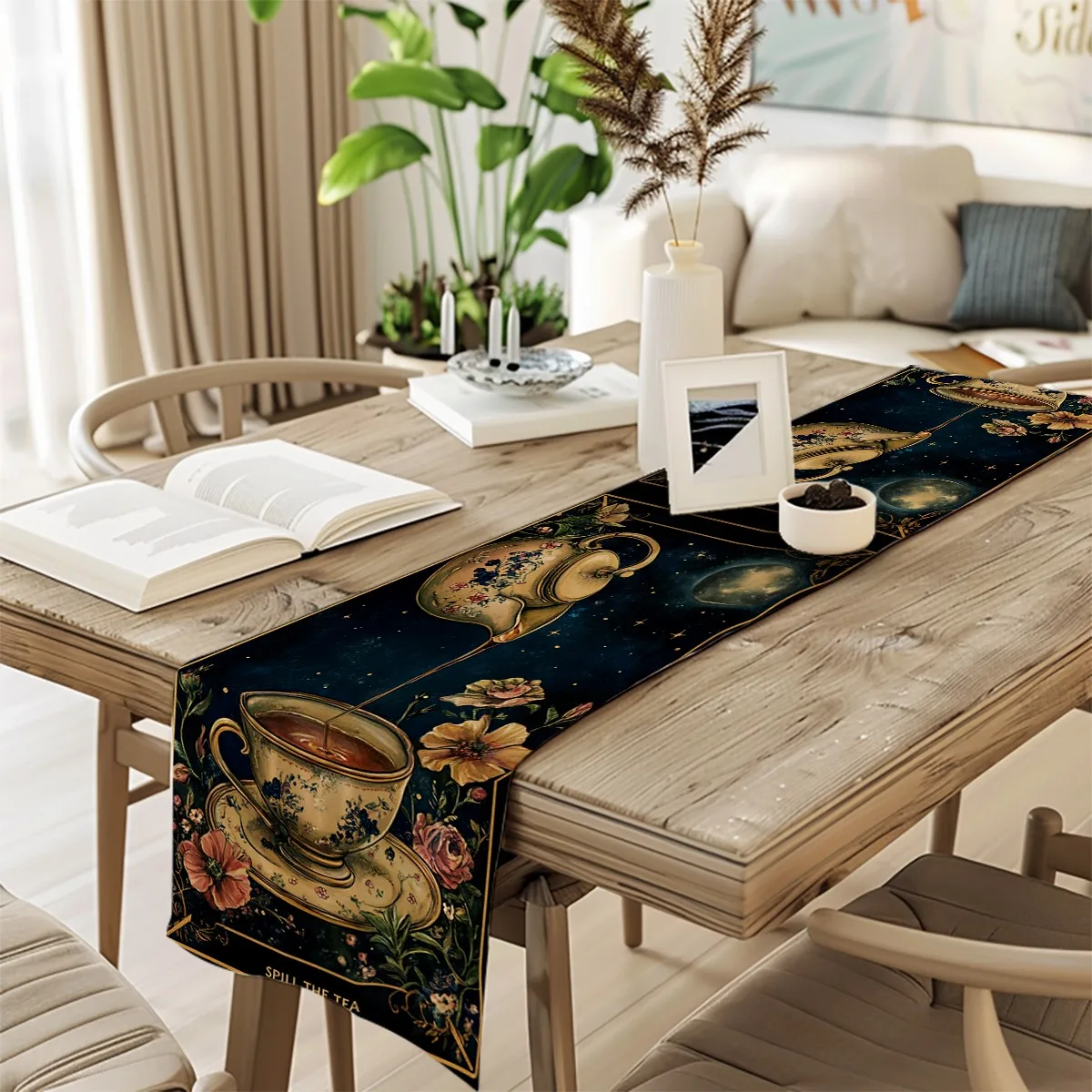 decorations table runner Floral Teapot & Roses Pattern Vintage Style Tablecloth for Home Kitchen Party Settings Gift Ideas,Dinne