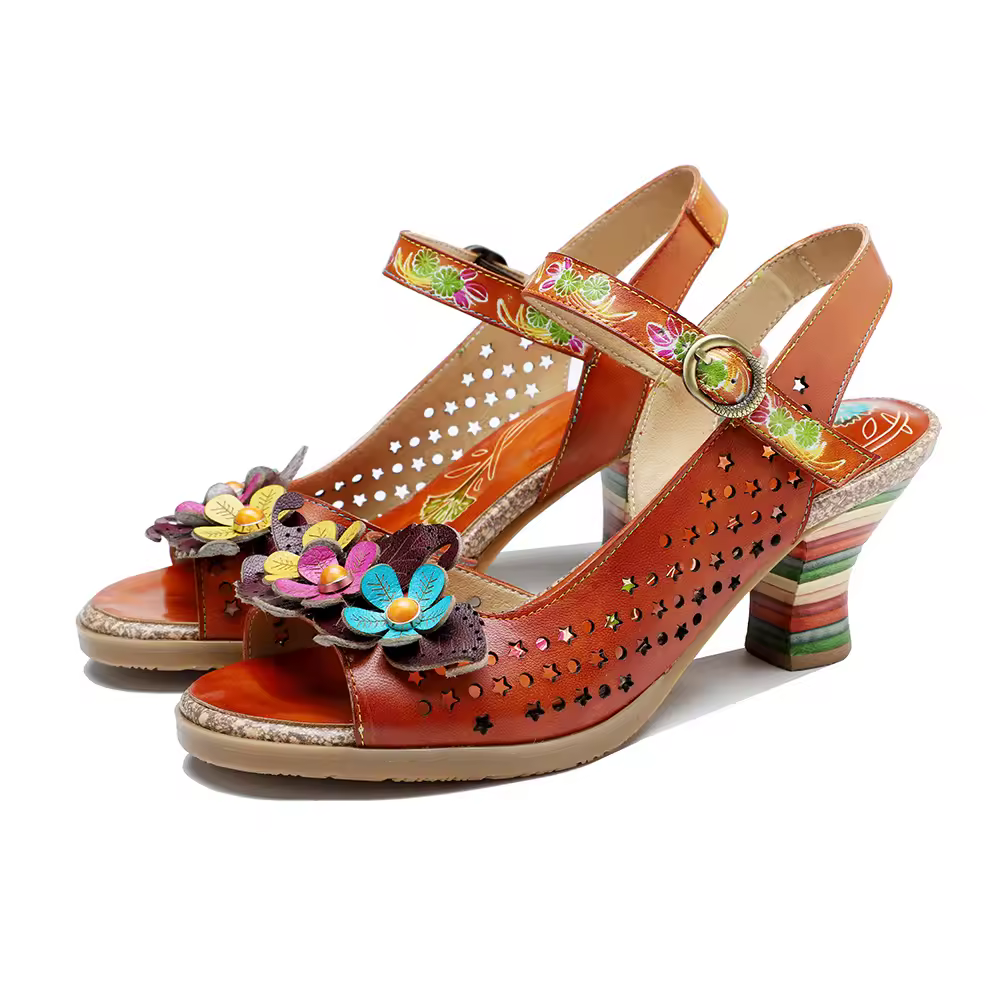 Johnature Women Sandals 2026 Summer New Genuine Leather Hand-painted Retro Hollow-out Flower High Heeled Sandals Shoes