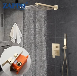 Zappo高級起毛ゴールド降雨浴室のシャワーセット壁ultrl薄型の正方形のシャワーヘッドハンドの蛇口キット