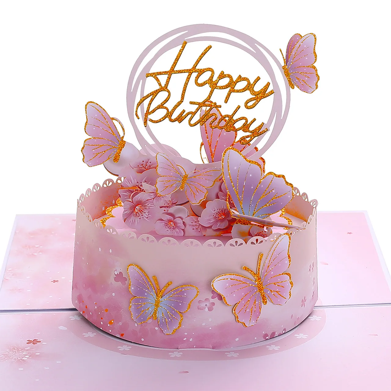 ​ Tarjeta emergente de cumpleaños: diseño de pastel de mariposa y flor de cerezo en 3D con sobre ​