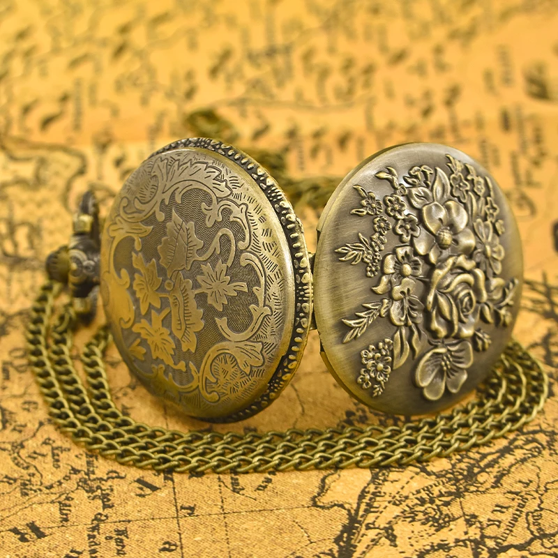 빈티지 청동 조가비 꽃 조각 목걸이, 쿼츠 포켓 시계, 패션 주얼리, 여성용 선물