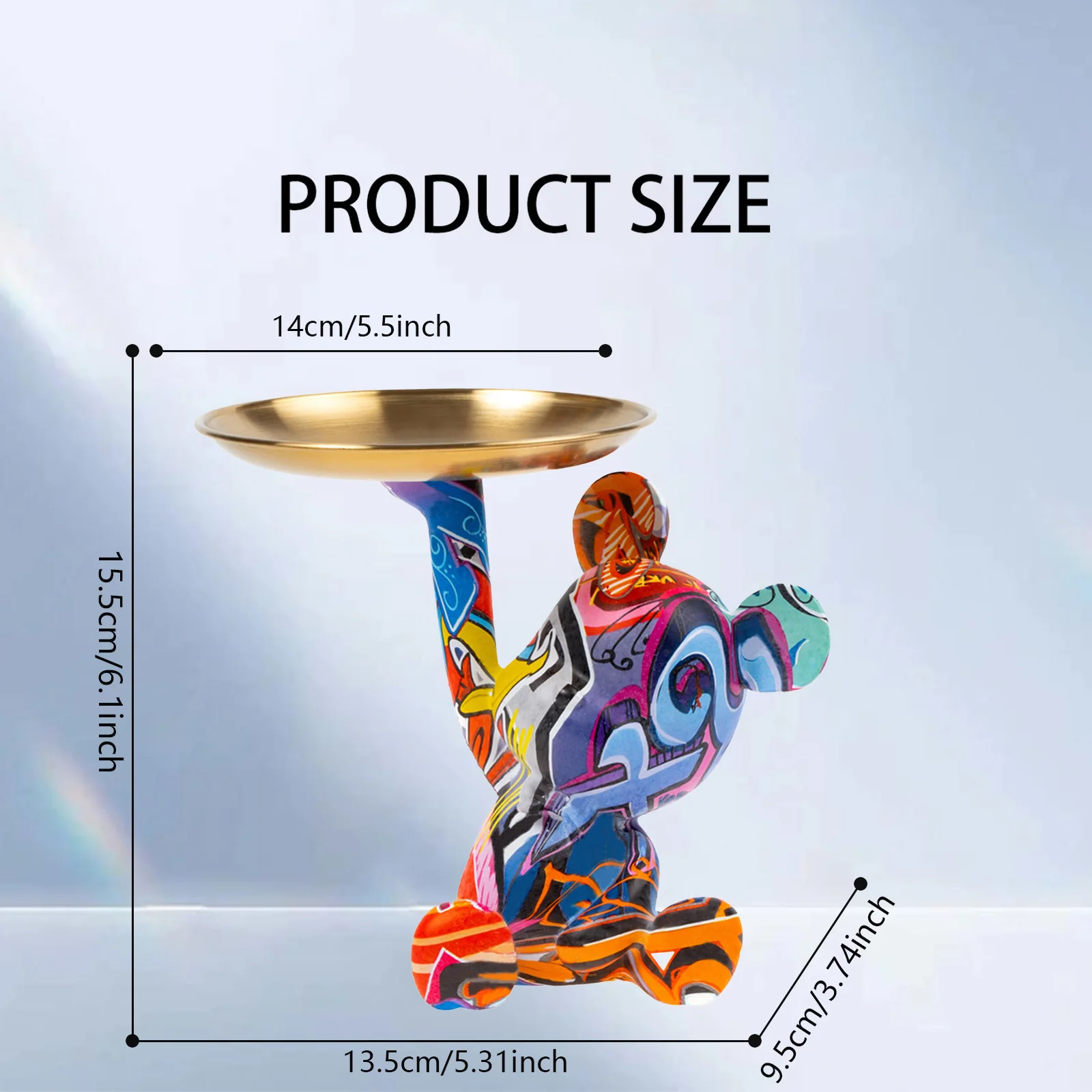 Graffiti Color Bear Tray Decor, Resin Pop Art Bear Statue with Golden Metal Tray, Entryway Jewelry Key Table Storage Organizer