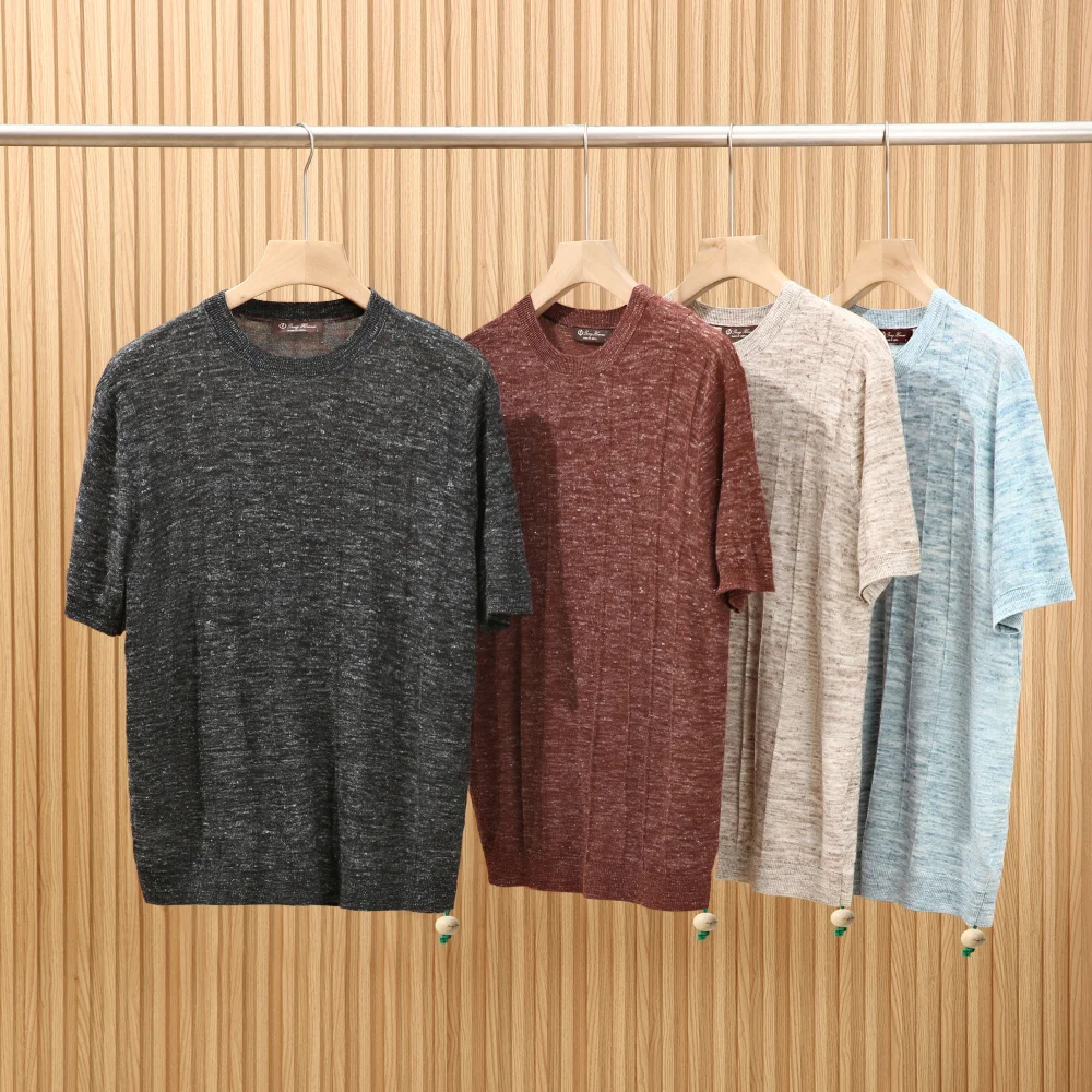  Linen Short Sleeve T-Shirt 16 Needle Knitting Process Men's High End Texture Summer Casual round Neck  Color