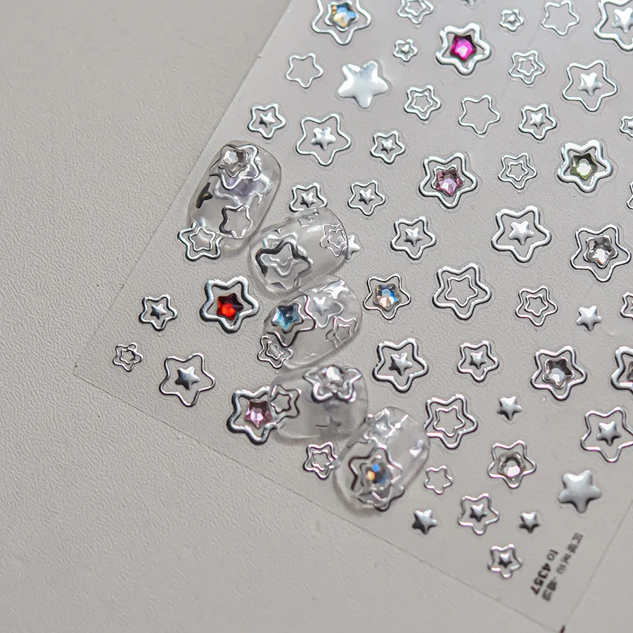 1Pc 5D Y2K Argento Hollow Serie Star Cuore Nail Art Sticker Colore lucido Cristallo Manicure Decalcomania FAI DA TE Rilievo Pentagramma Nail Slider